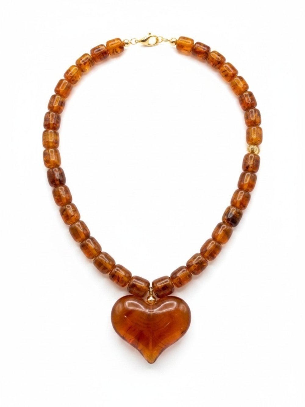 Heart Pendant Amber Bead Necklace - Women Jewelry